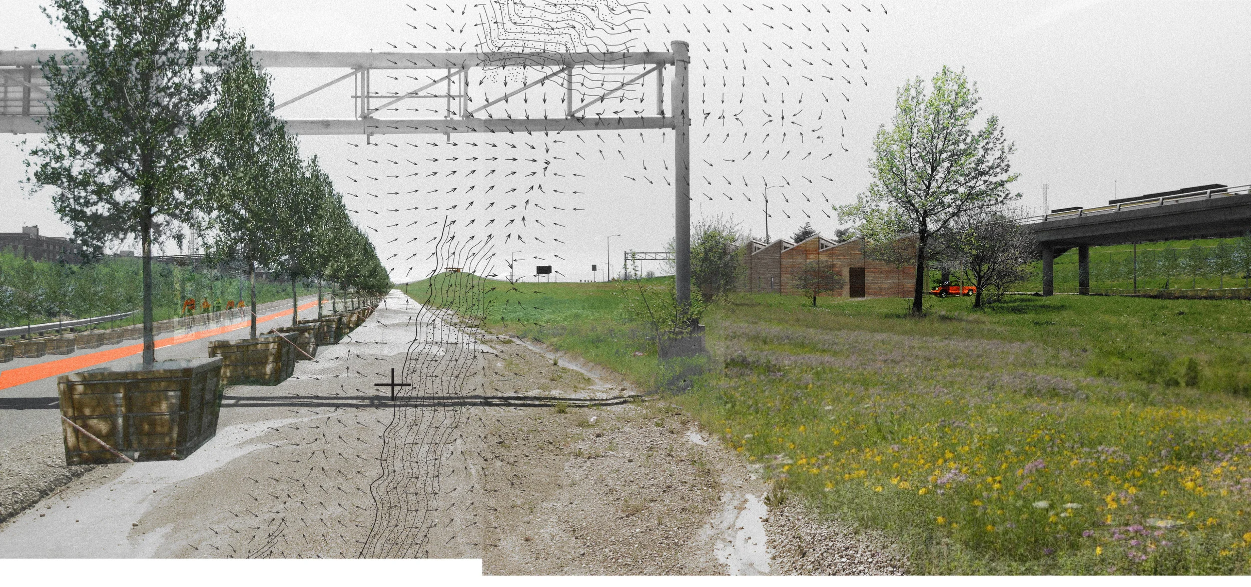 Digital collage with intensity mapping overlay. Looking south to the hub.