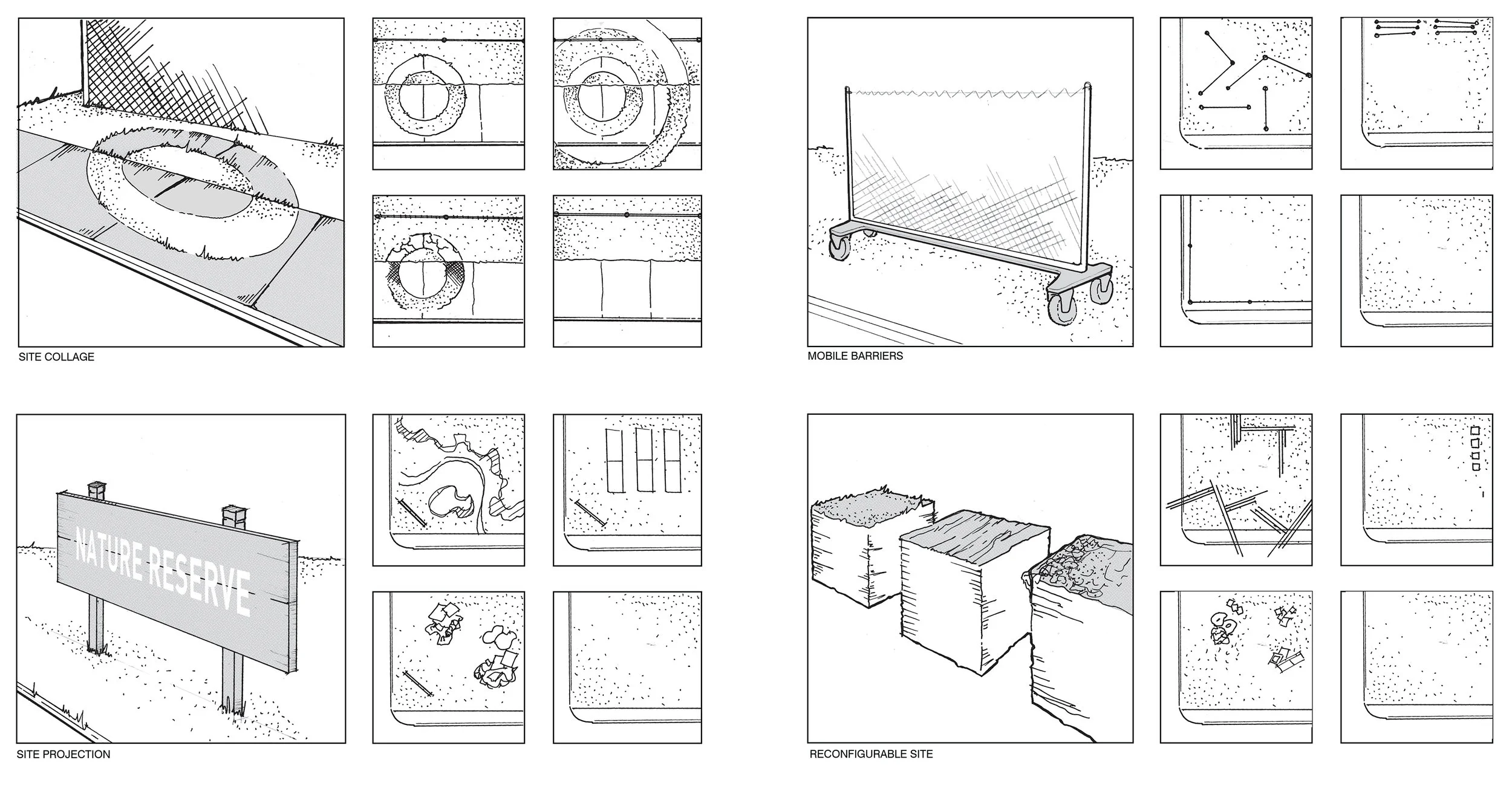 David Eslahi's sidewalk, fence, sign, and displacement proposals, interrogating property and human agency.