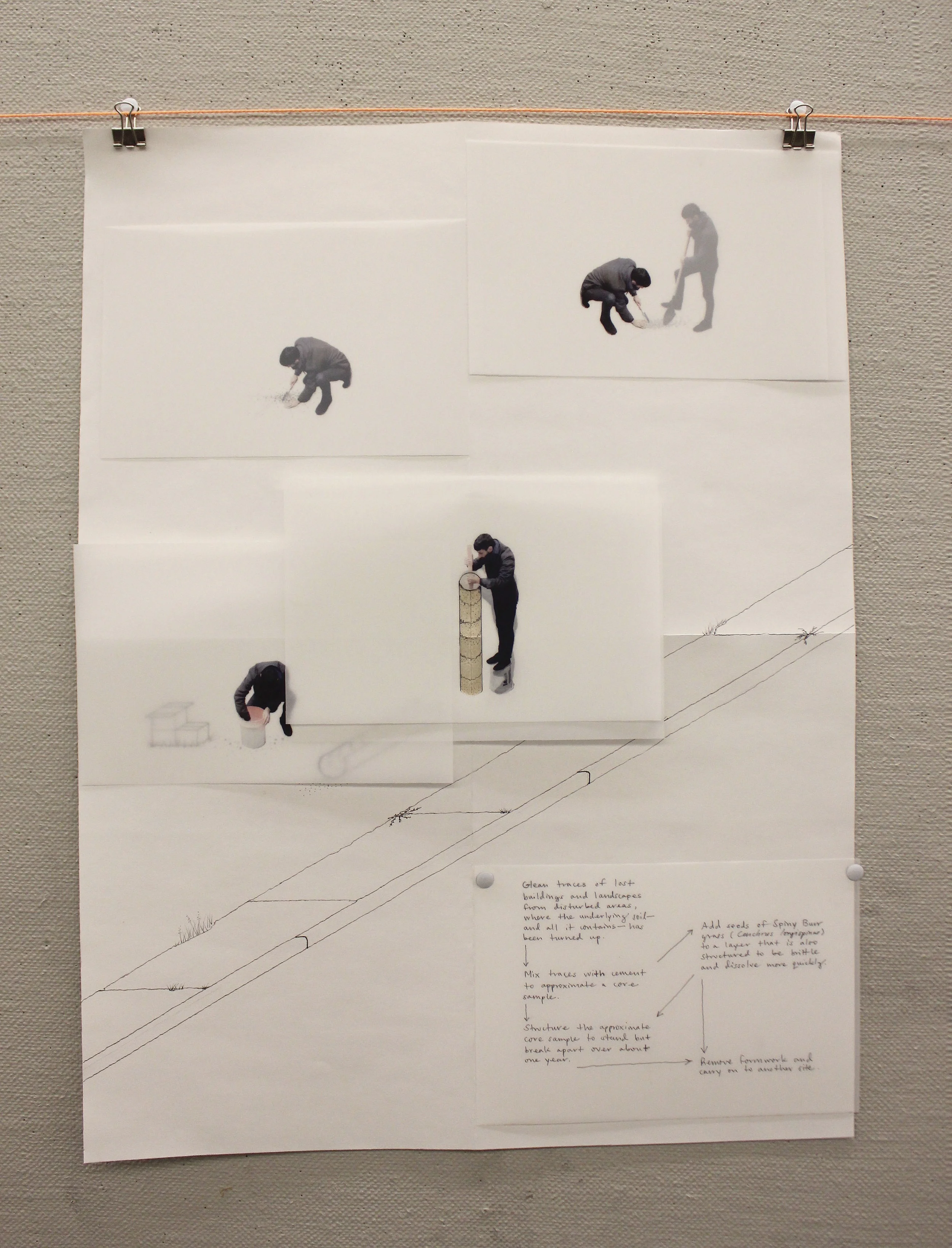 Pen and soil on paper, xerox print on mylar. A self-portrait axonometric drawing demonstrates the technique on constructing an Approximate Core onsite, out of the site itself.