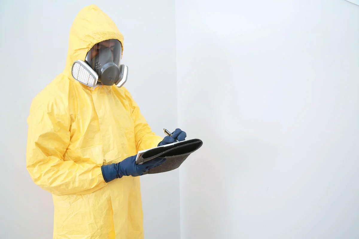 Man in hazmat suit checking home for asbestos
