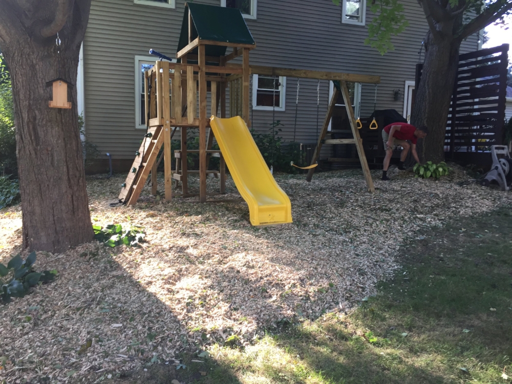 Dan putting the finishing touches on our new play set, which may or may not keep the kids occupied in Summer 2017. Jury still out on that one.