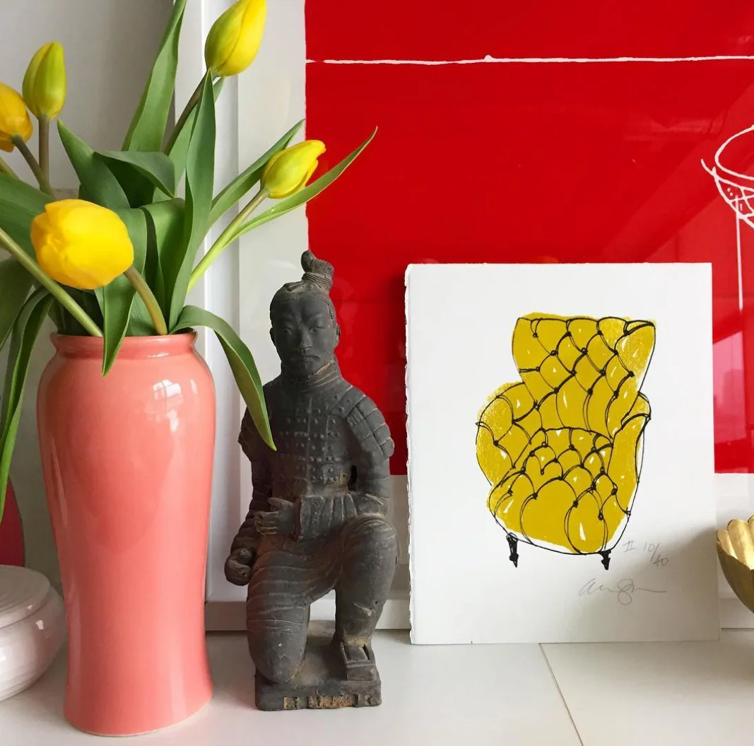My lime slipper chair print with some juicy yellow tulips and big red teapot print in back. Slipperchair print available in my new shop .