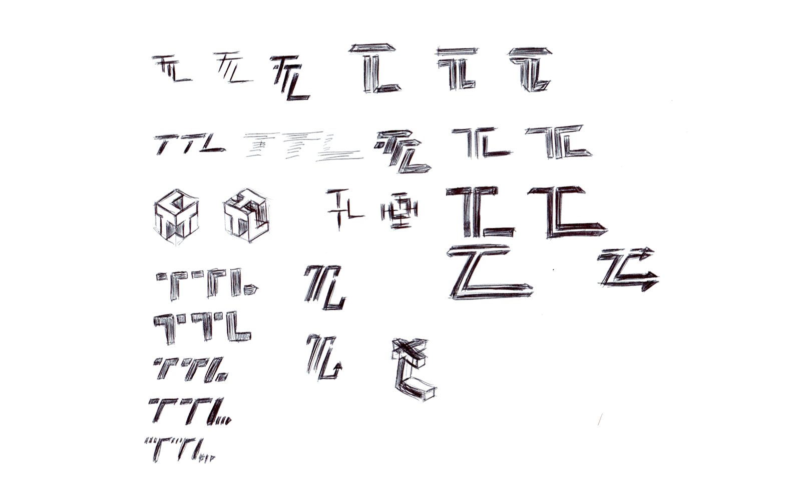 Sketching some options for the three letters TTL the client wanted to incorporate.