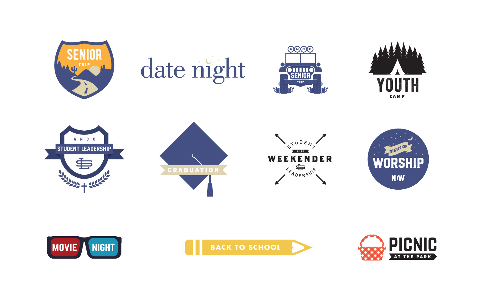 Prospective logos for different events and ministries at my friend’s church. I love serving youth and helping connect them to Jesus!