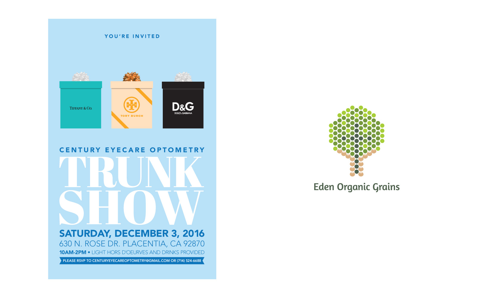 Trunk show card design and Logo design for Eden Organic Grains.