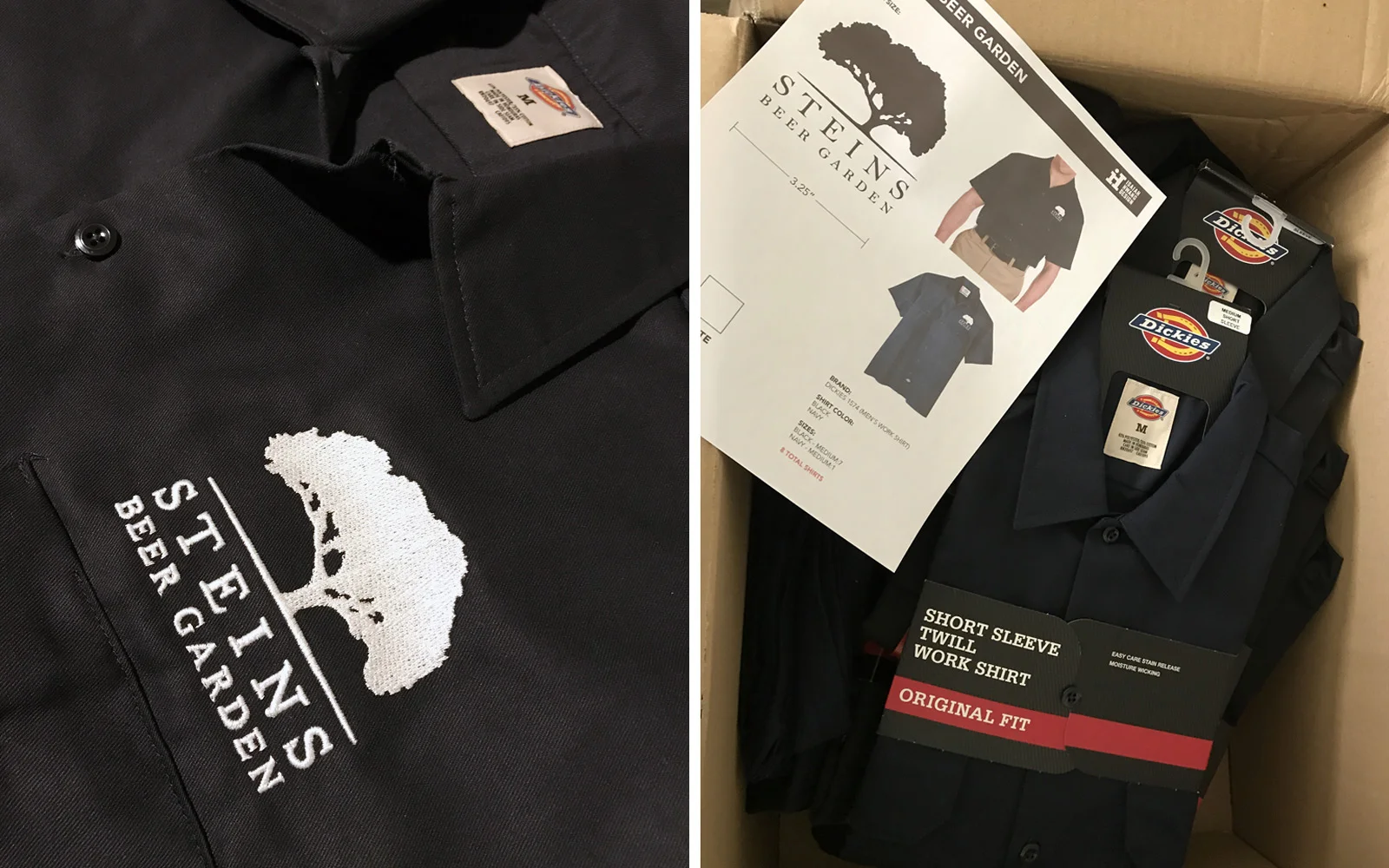 Embroidered Dickies shirts for Steins Beer Garden's management team. I love how crisp and clear the embroidery came out. Don't cheap out on embroidery, the more stitches the better. And go check out Steins new spot in Cupertino! 