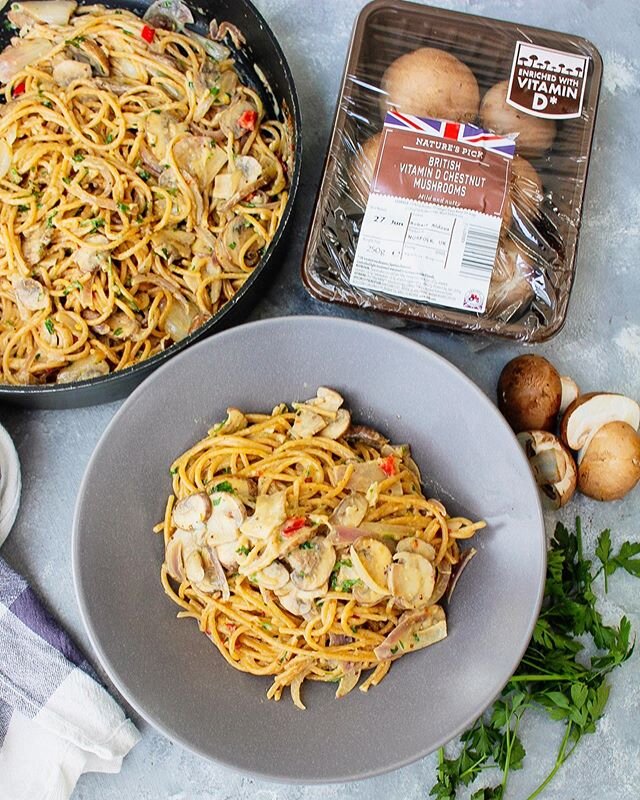 Spaghetti in a creamy (dairy free) mushroom sauce. This a simple 20 minute vegan meal is packed with Vitamin D from the mushrooms. 
Sunshine is the main source of vitamin D. During autumn and winter months when we spend more time indoors and the sun 