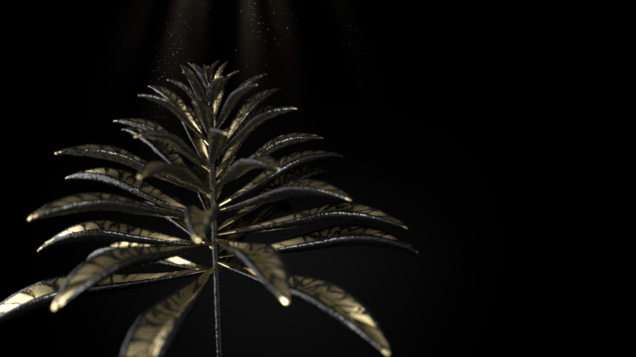 The UVs on Genesucc are completely procedural as well. That means you can add textures to the leaves and stem that will follow the bends, twists and turns they take. The result doesn’t have to be realistic. I was able to render this futuristic robot flower using a gold shader and a bit of turbulent noise,