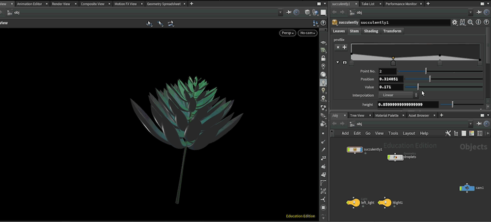 The height of the stem and the overall plant are completely adjustable. The individual leaves have a color gradient and there is also a control to adjust the shade variation on the plant as a whole. In order to get the powdery effect that adds an extra layer of realism, I’ve applied a noise texture with adjustable frequency and offset that is bound to the roughness property when rendering with a Principled Shader in mantra.