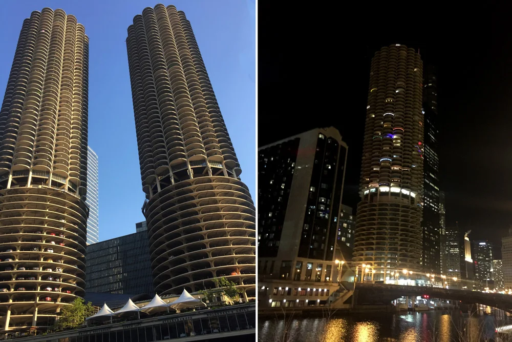 Cut to Marina City a building by Bertrand Goldberg. He imagined that a person could live their whole life inside these connected, mixed-use residential towers. Having spent a handful of winters in Chicago, I can understand why he thought that might be a good thing. Aside from the practical concerns, Marina City looks like a building straight out of The Jetsons, and it looks even more space-age when the matching towers light up at night.