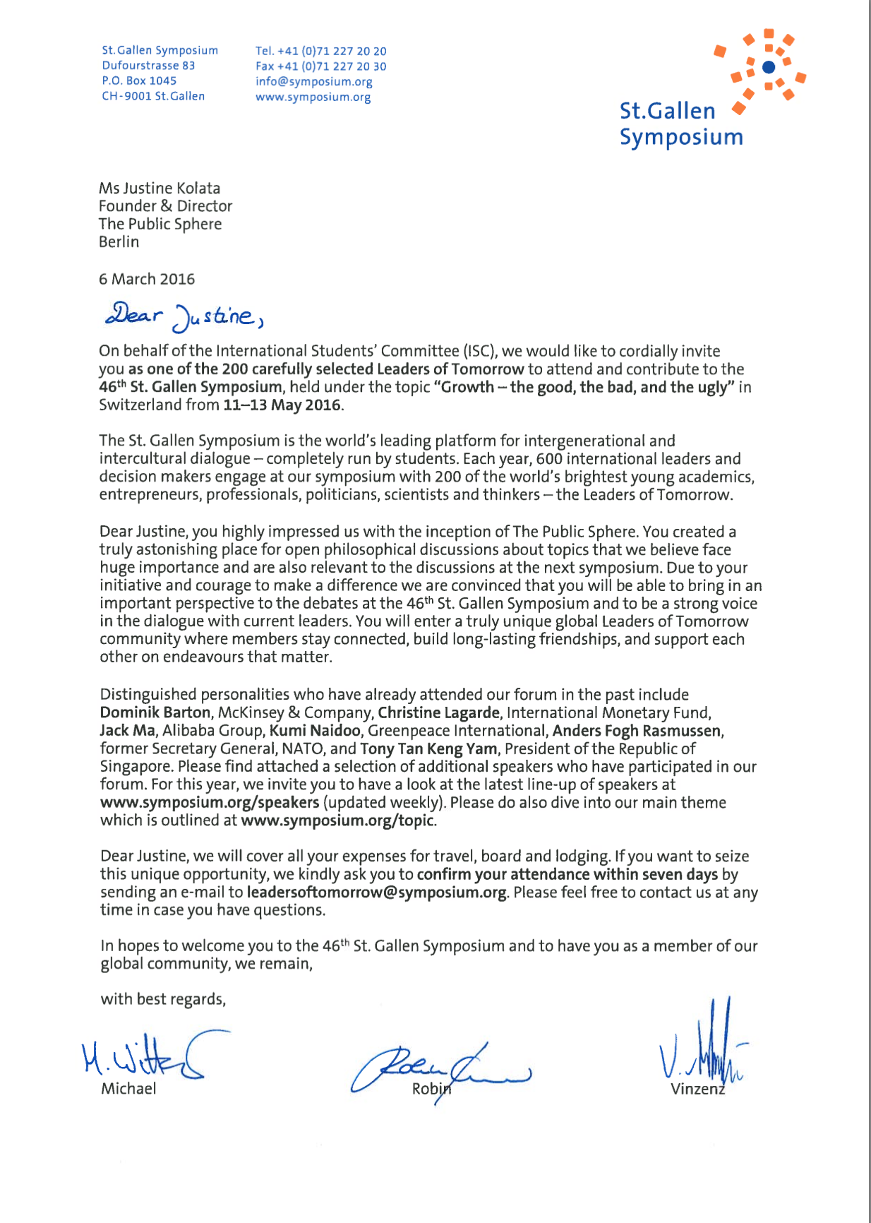 The Public Sphere, a “Leader of Tomorrow” at the St. Gallen Symposium