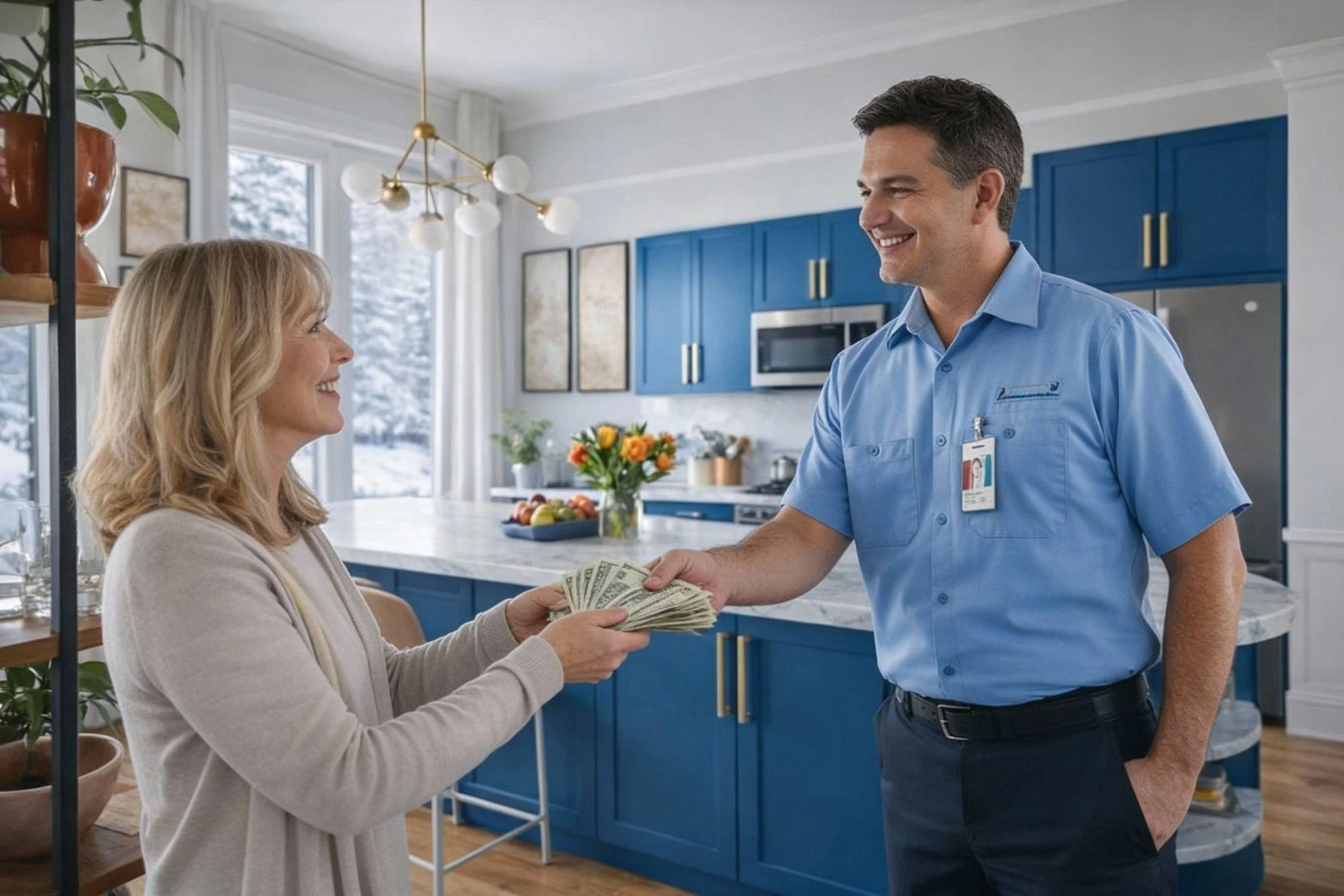 Client handing some money to a HVAC staff