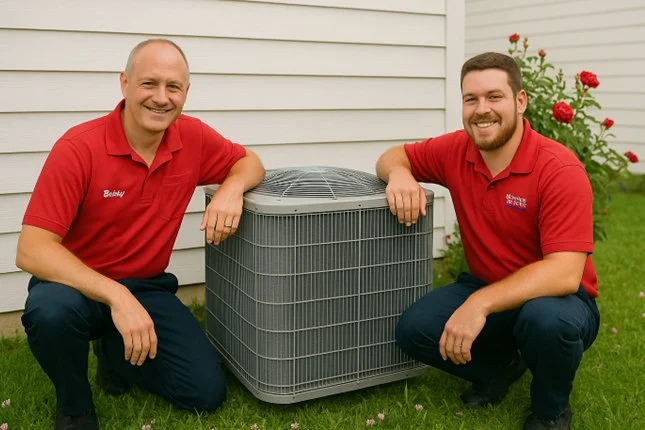 Staff kneeling down around HVAC