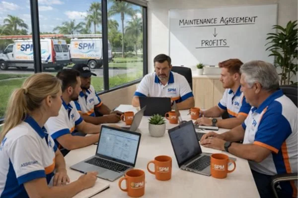 HVAC business owner reviewing maintenance agreement pricing strategy