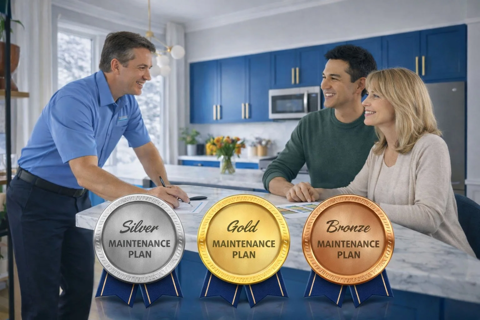 HVAC staff with clients discussing contracts