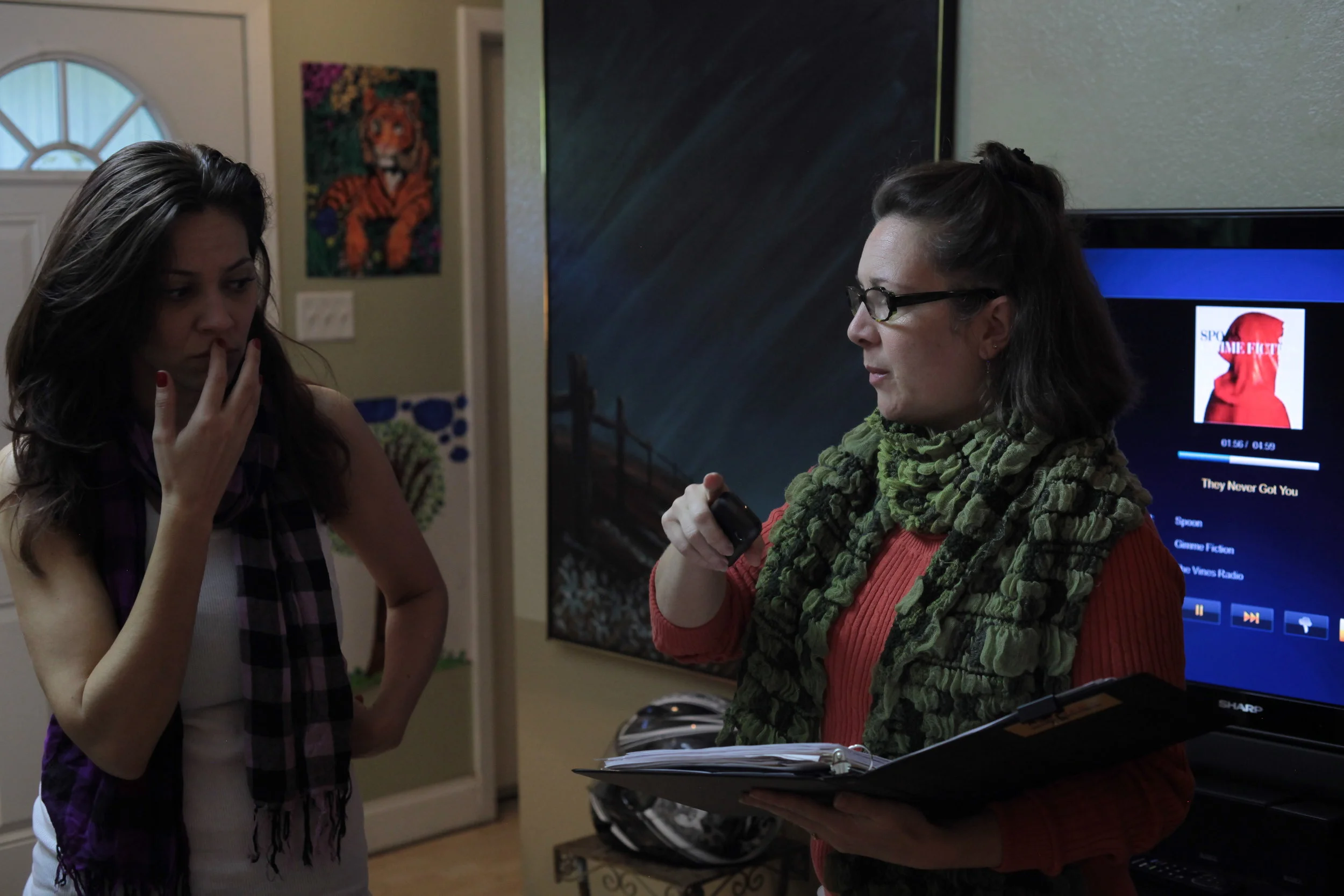 Lorie Marsh (right) conferring on set with filmmaker, Jentri Quinn.