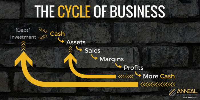 Martin Holland, Anneal Business Coaching, diagram titled "The Cycle of Business" showing Debt and Investment flowing into Cash, then Assets, Sales, Margins, Profits, and More Cash, with arrows cycling More Cash back to Assets and to Investment.