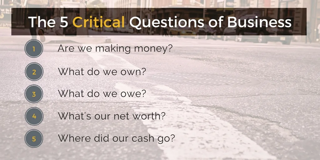 Martin Holland, Anneal Business Coaching, graphic titled "The 5 Critical Questions of Business": 1. Are we making money? 2. What do we own? 3. What do we owe? 4. What's our net worth? 5. Where did our cash go?