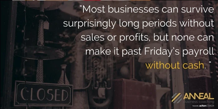 Martin Holland, Anneal Business Coaching, quote over a shop window with a Closed sign: "Most businesses can survive surprisingly long periods without sales or profits, but none can make it past Friday's payroll without cash.
