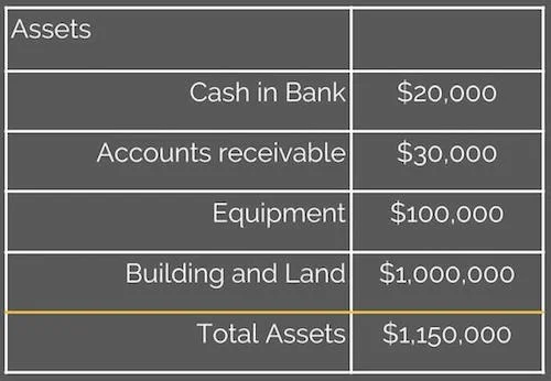 Anneal Business Coaching balance sheet assets example: Cash in Bank $20,000; Accounts Receivable $30,000; Equipment $100,000; Building and Land $1,000,000; Total Assets $1,150,000.