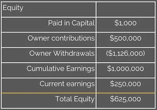 Anneal Business Coaching balance sheet equity example: Paid in Capital $1,000; Owner Contributions $500,000; Owner Withdrawals ($1,126,000); Cumulative Earnings $1,000,000; Current Earnings $250,000; Total Equity $625,000.