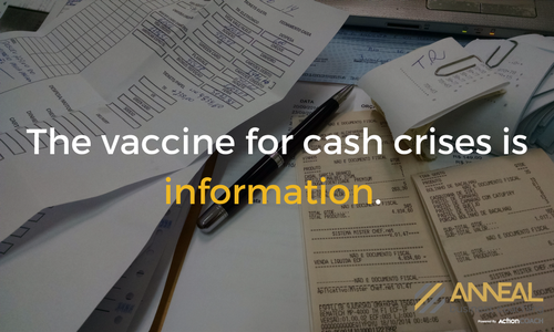 Martin Holland, Anneal Business Coaching, quote graphic: “The vaccine for cash crises is information.