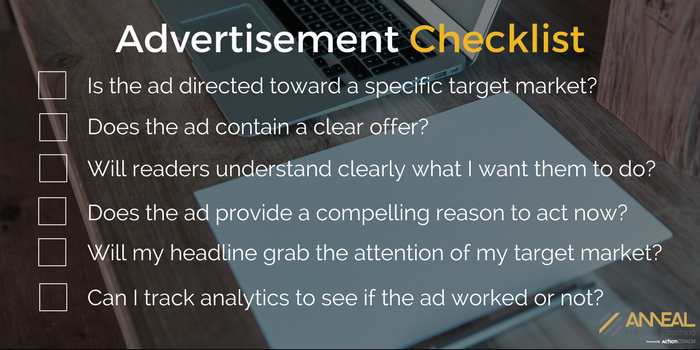 Advertisement checklist for small business owners covering target market, offer, call to action, headline, and tracking