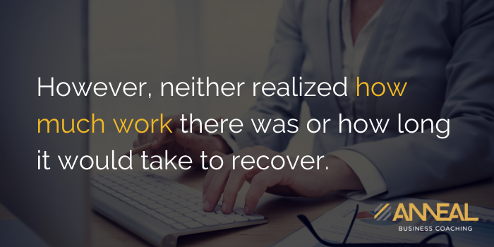 Anneal Business Coaching quote graphic from Martin Holland over a photo of a person working at a keyboard, reading "However, neither realized how much work there was or how long it would take to recover.