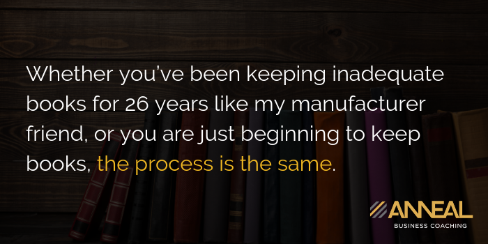 Quote graphic: whether you've been keeping inadequate books for 26 years or you are just beginning to keep books, the process is the same