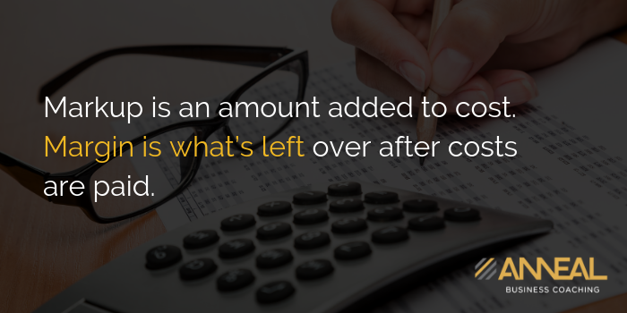 Anneal Business Coaching quote graphic reading "Markup is an amount added to cost. Margin is what's left over after costs are paid.