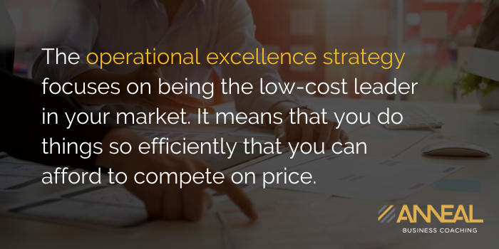 Anneal Business Coaching quote graphic reading "The operational excellence strategy focuses on being the low-cost leader in your market. It means that you do things so efficiently that you can afford to compete on price.