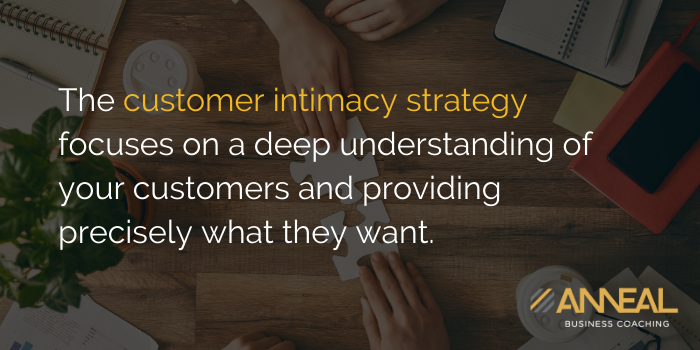 Anneal Business Coaching quote graphic reading "The customer intimacy strategy focuses on a deep understanding of your customers and providing precisely what they want.