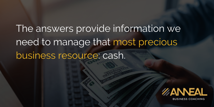 Anneal Business Coaching quote graphic from Martin Holland over a photo of hands counting cash at a laptop, reading "The answers provide information we need to manage that most precious business resource: cash.