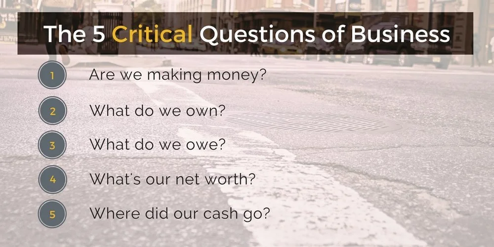 Anneal Business Coaching graphic from Martin Holland reading "The 5 Critical Questions of Business: 1 Are we making money? 2 What do we own? 3 What do we owe? 4 What's our net worth? 5 Where did our cash go?" over a city street.