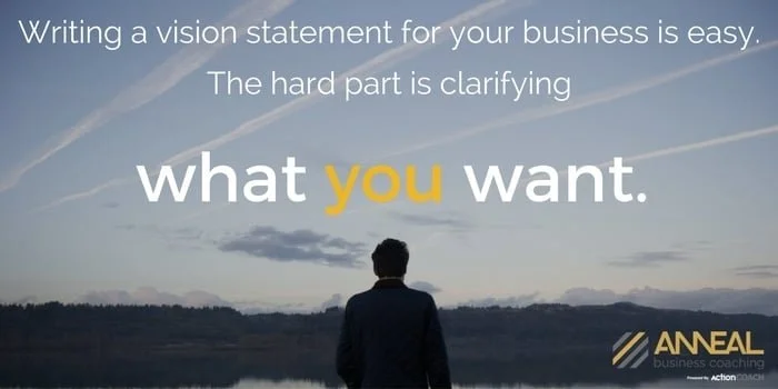 Business owner looking out over a lake with text about writing a vision statement and clarifying what you want