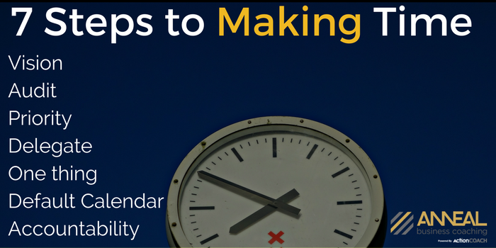 Anneal Business Coaching graphic from Martin Holland reading "7 Steps to Making Time: Vision, Audit, Priority, Delegate, One thing, Default Calendar, Accountability," over a clock face.