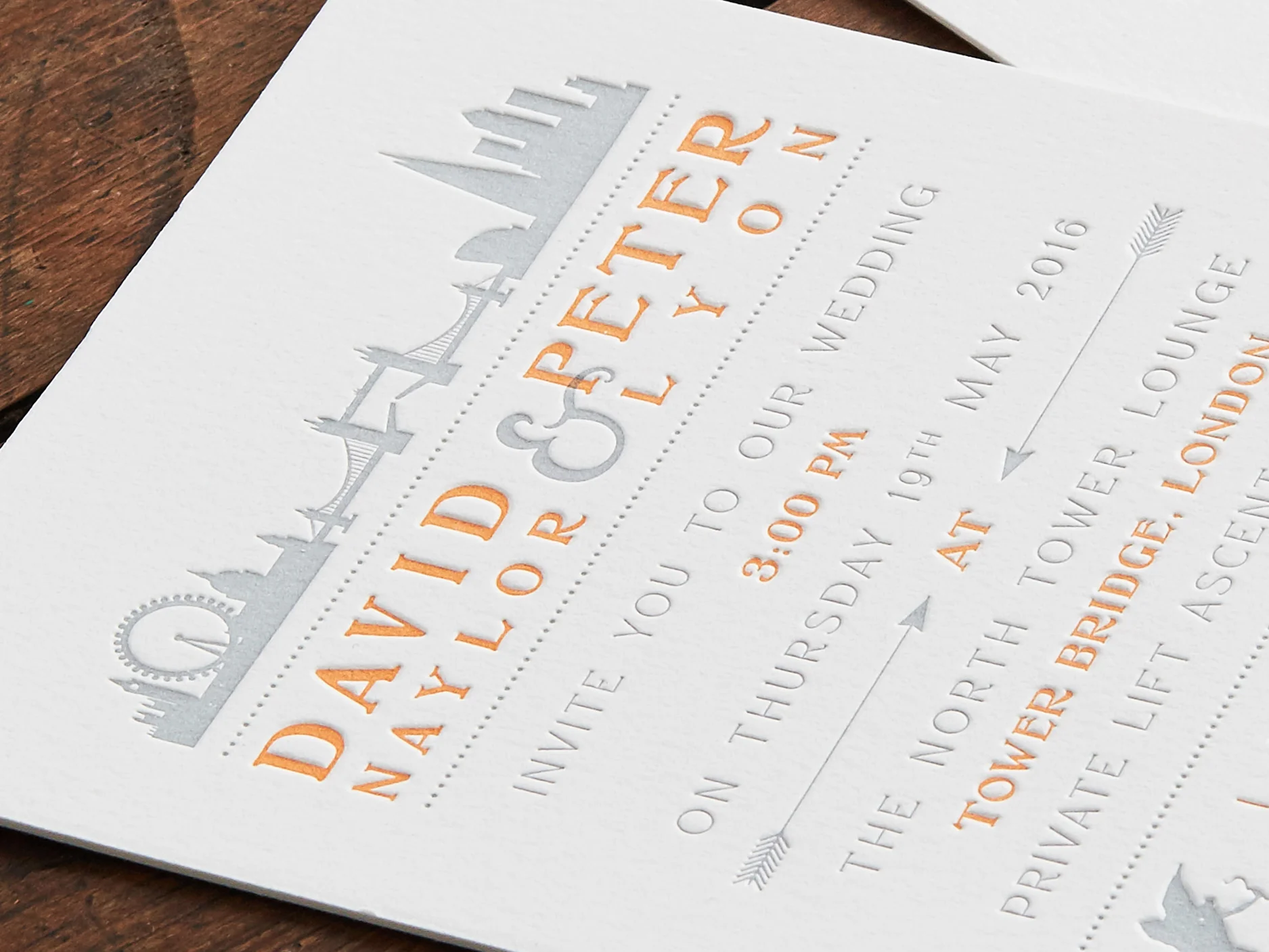 London Bridge Theme Wedding Invitation & Save the date | Grey & Orange Letterpress print