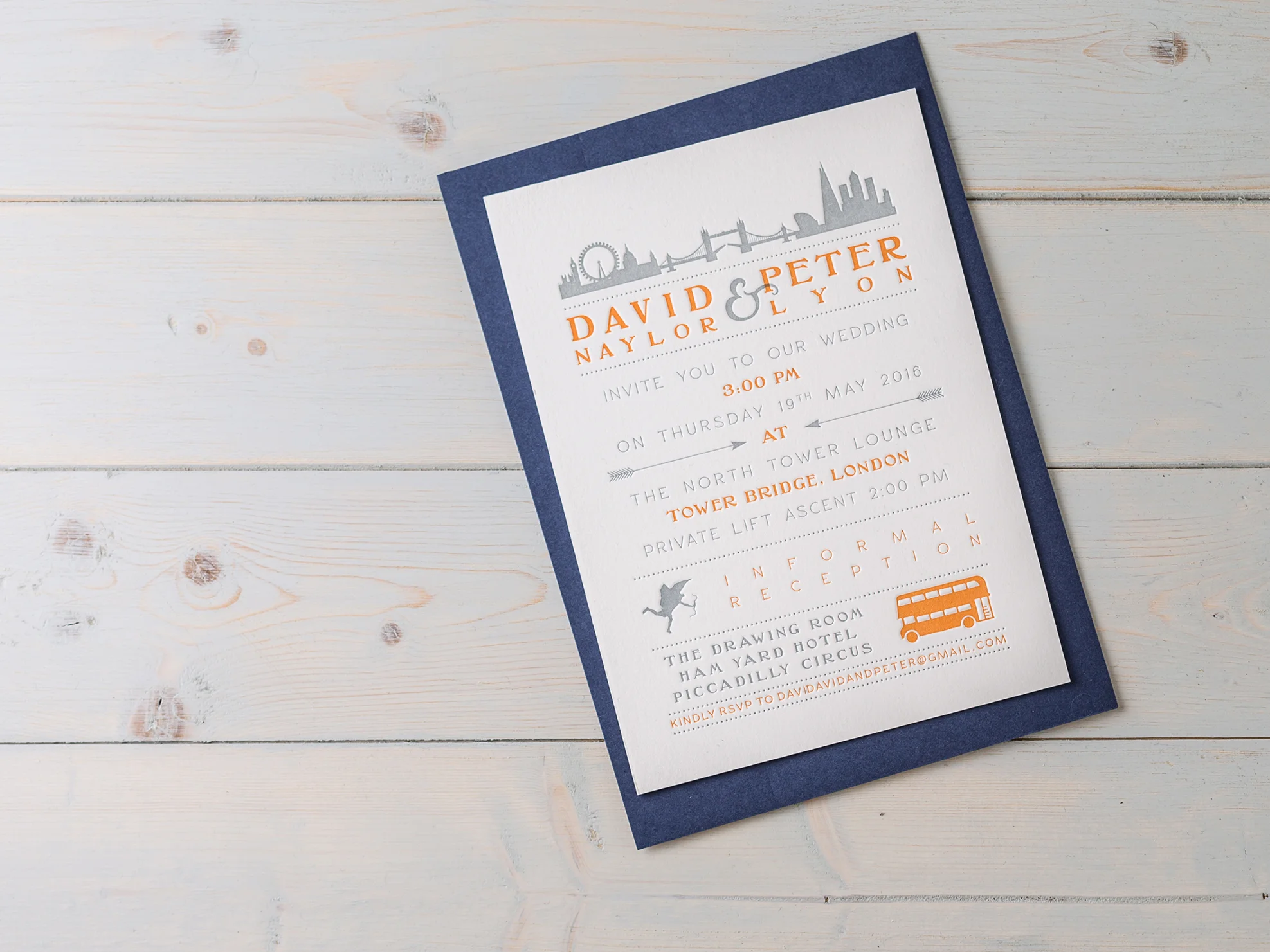 London Bridge Theme Wedding Invitation & Save the date | Grey & Orange Letterpress print