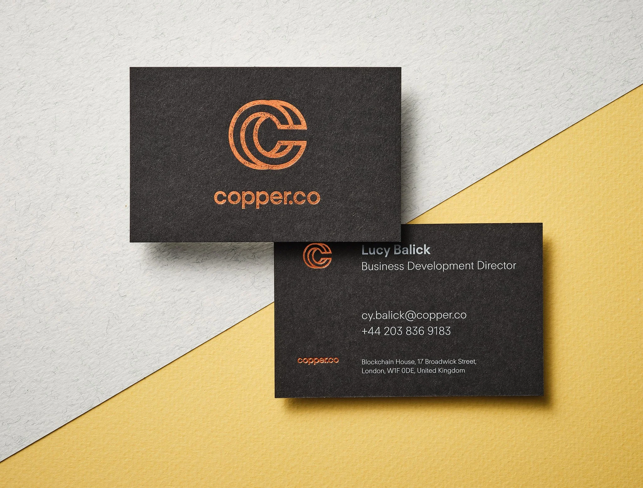 Copper foil business card with digital white print on black 100% recycled stock