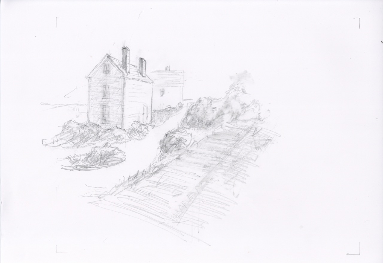 illustration, farmhouse and gardens