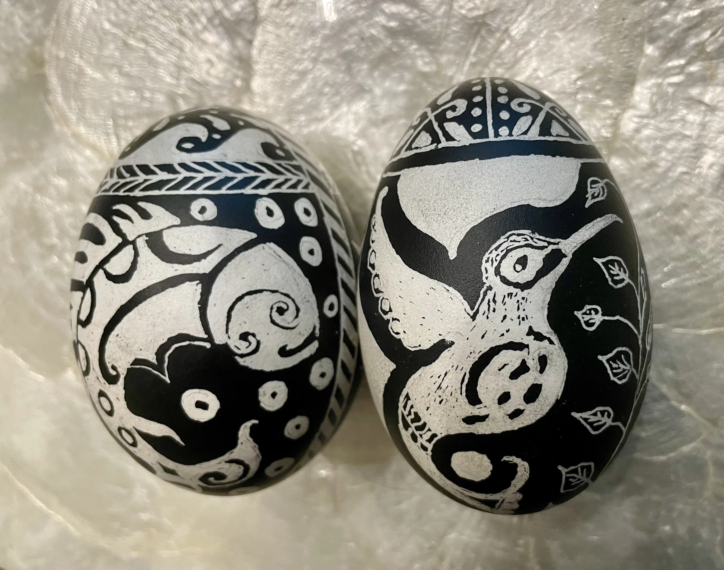  wax resist goose eggs  hummingbird and fish 