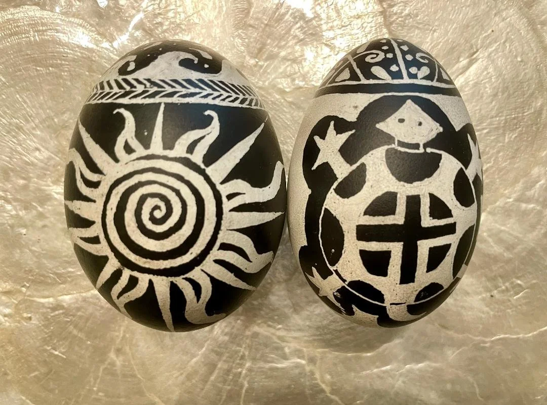  wax resist goose eggs  other side, sun and turtle 