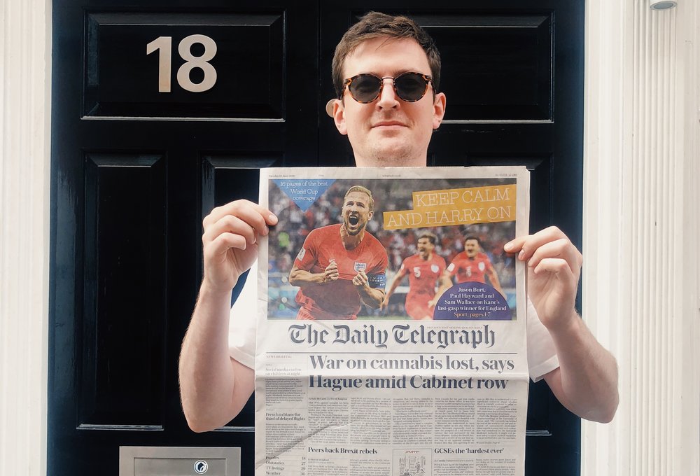 Your author, George McBride, on Hanway Street holding the front page of June 19th’s paper, which featured Lord Hague advocating for UK cannabis legalisation.