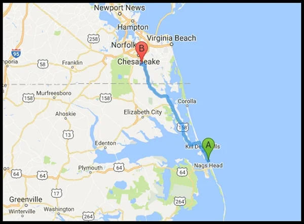  Chesapeake to Nags Head route map