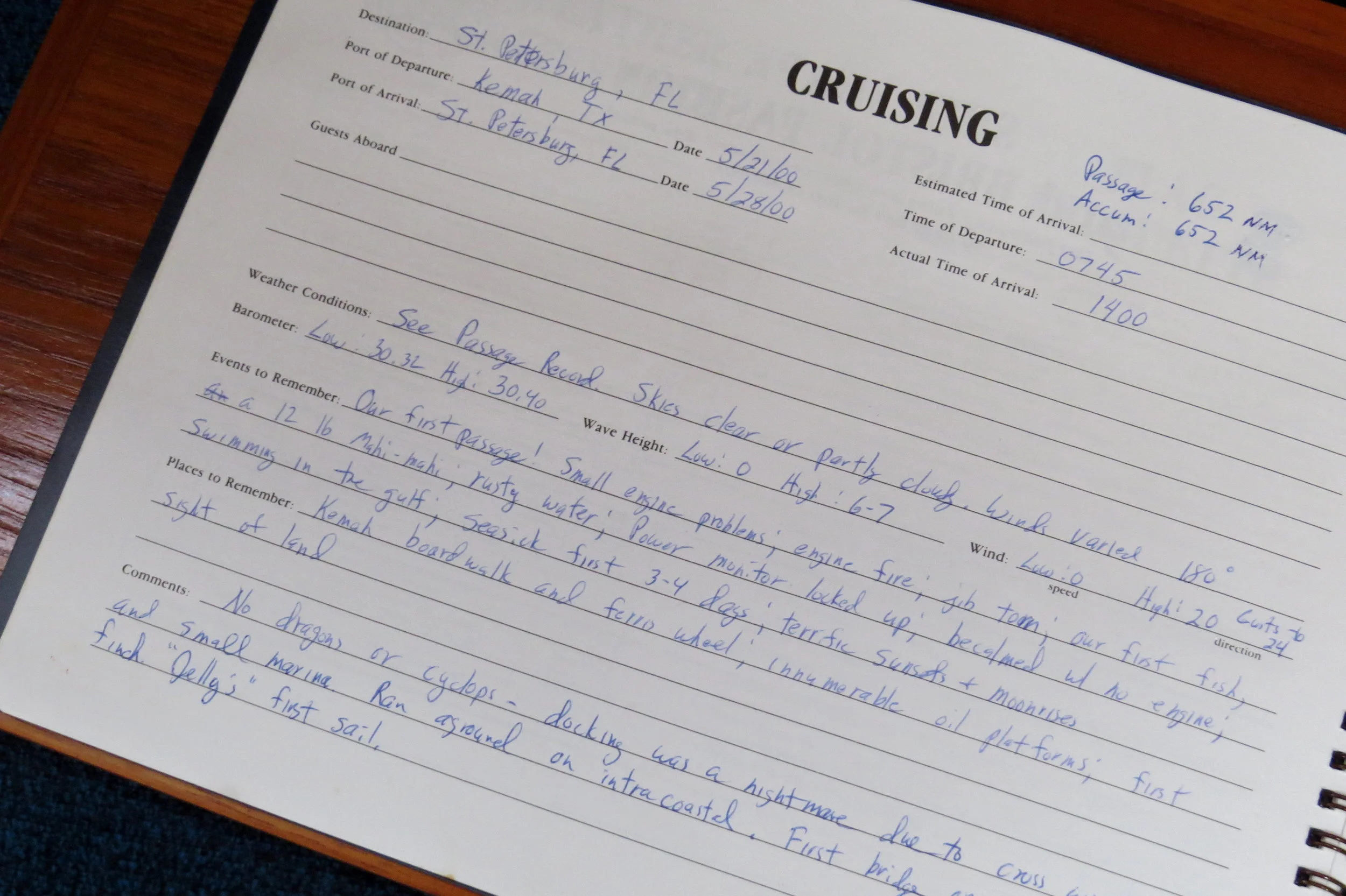 First passage notes indicate the trip across the Gulf of Mexico had its adrenaline moments!