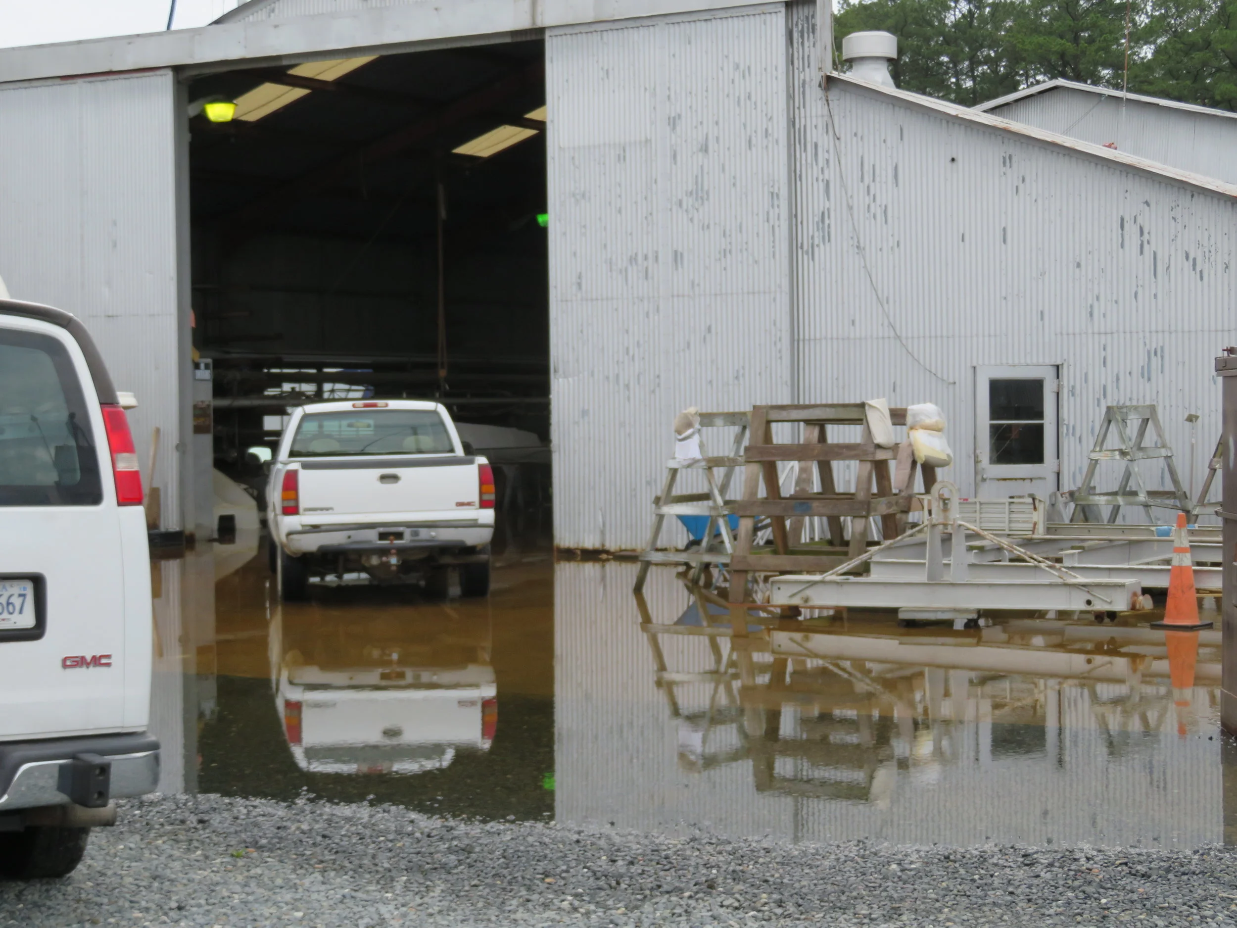 It's been wet and rainy in Chesapeake and part of the boatyard remains flooded.