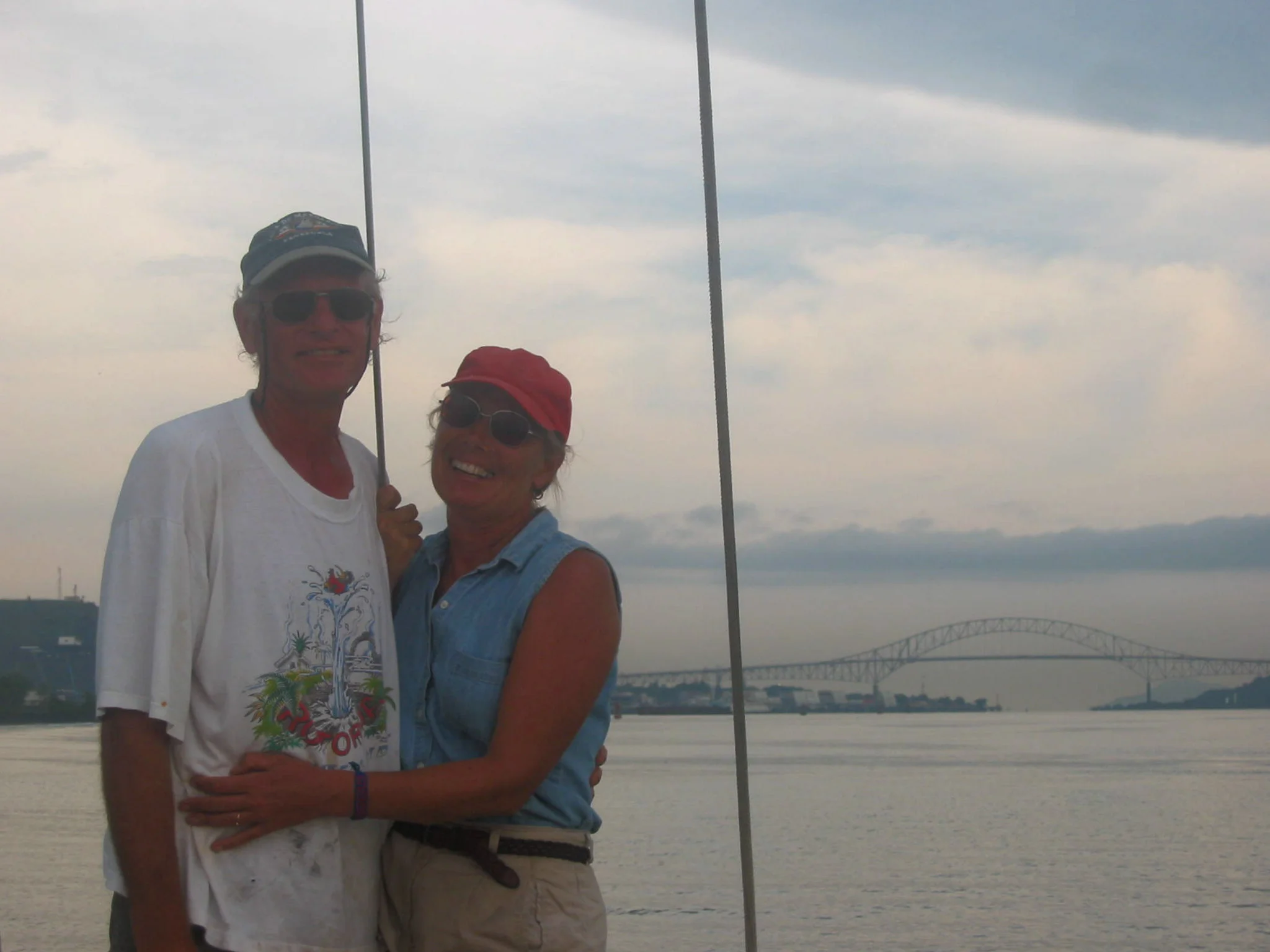 Hot, sweaty long transit of the Panama Canal ... Bridge of Americas which "connects" North and South America is in the background ... the gateway to the Pacific Ocean.