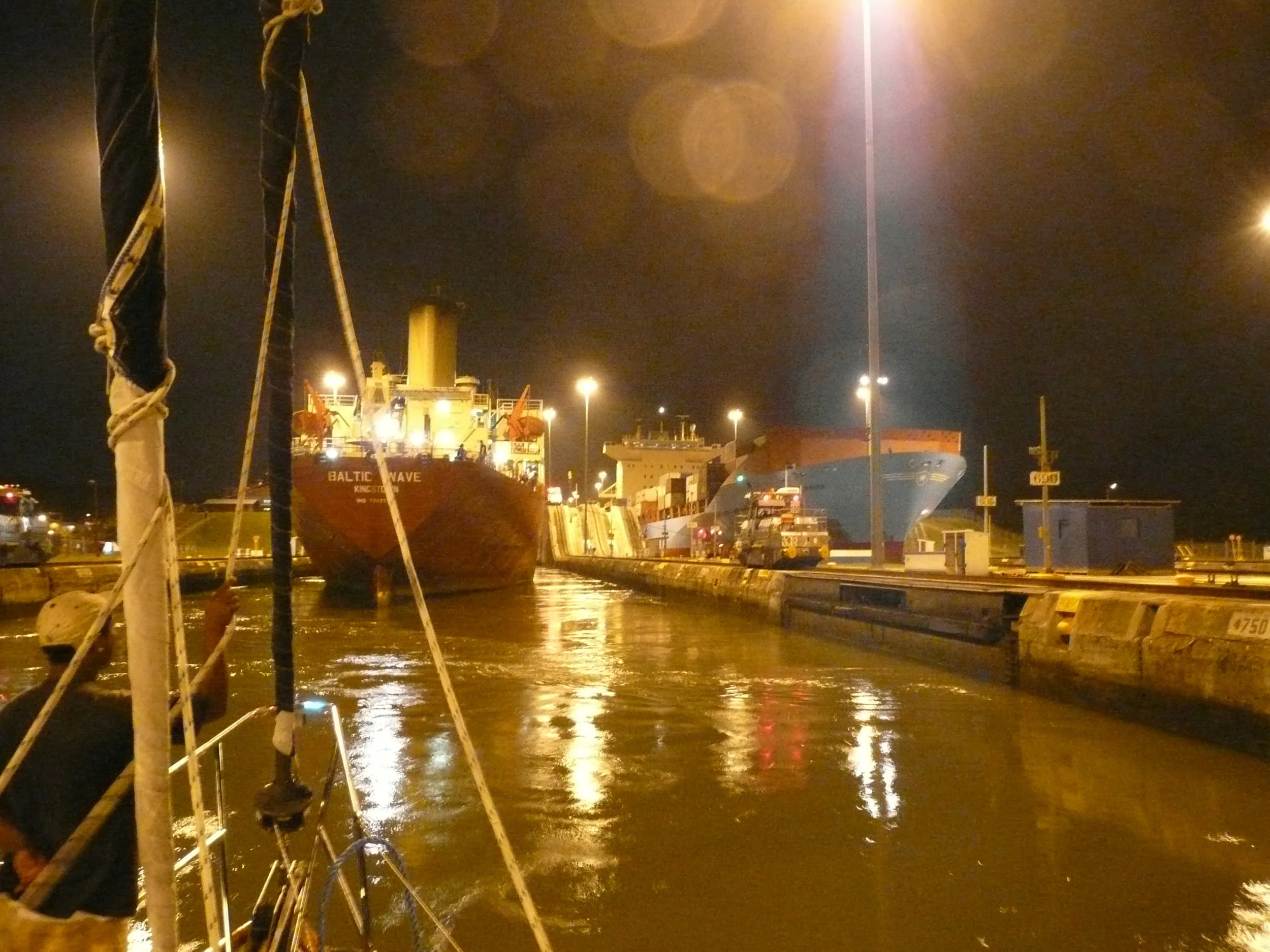 Before dawn transit through the Gatun Locks at the Panama Canal