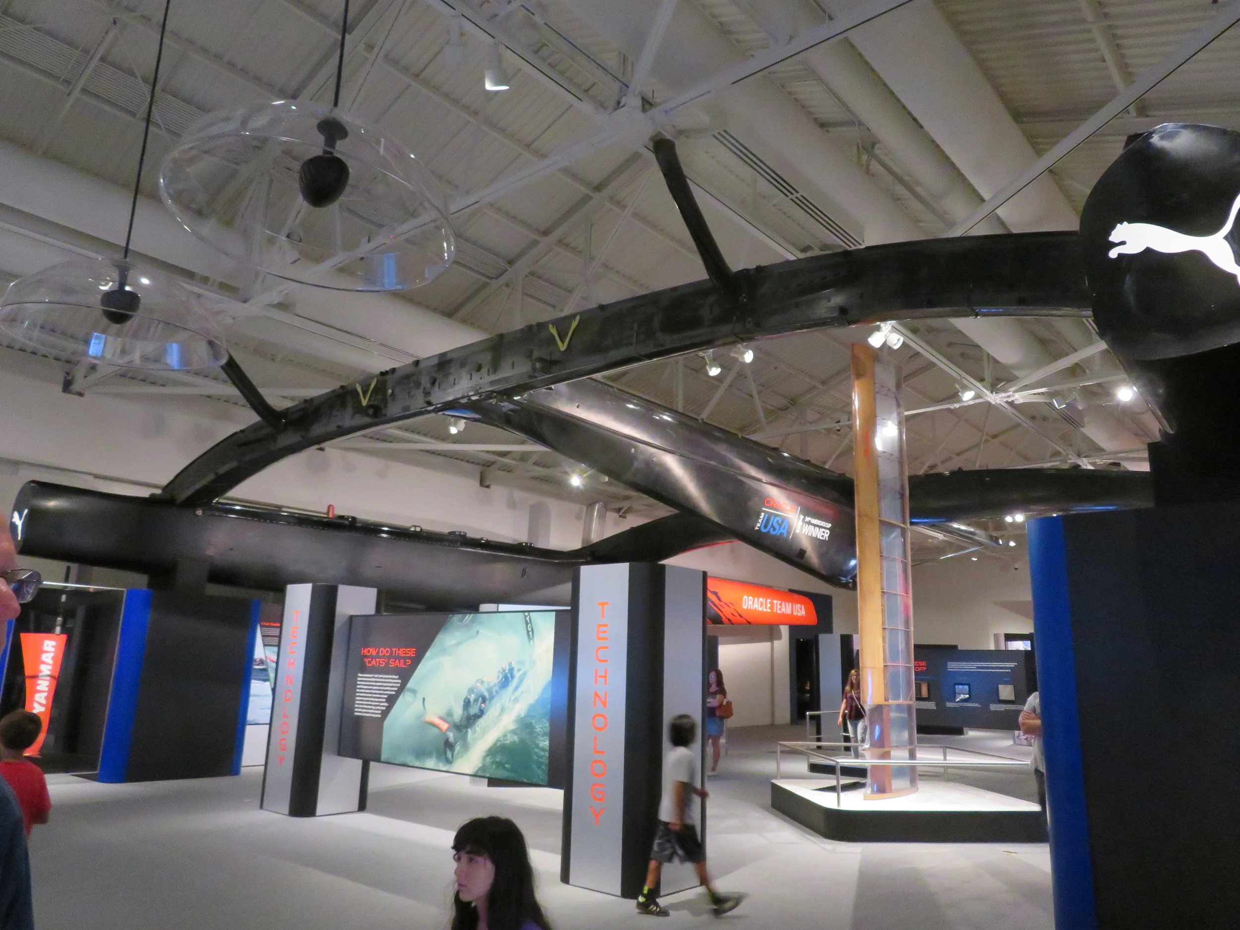 The America's Cup Team Oracle cat is suspended from the gallery ceiling. It doesn't sail ... it flies!