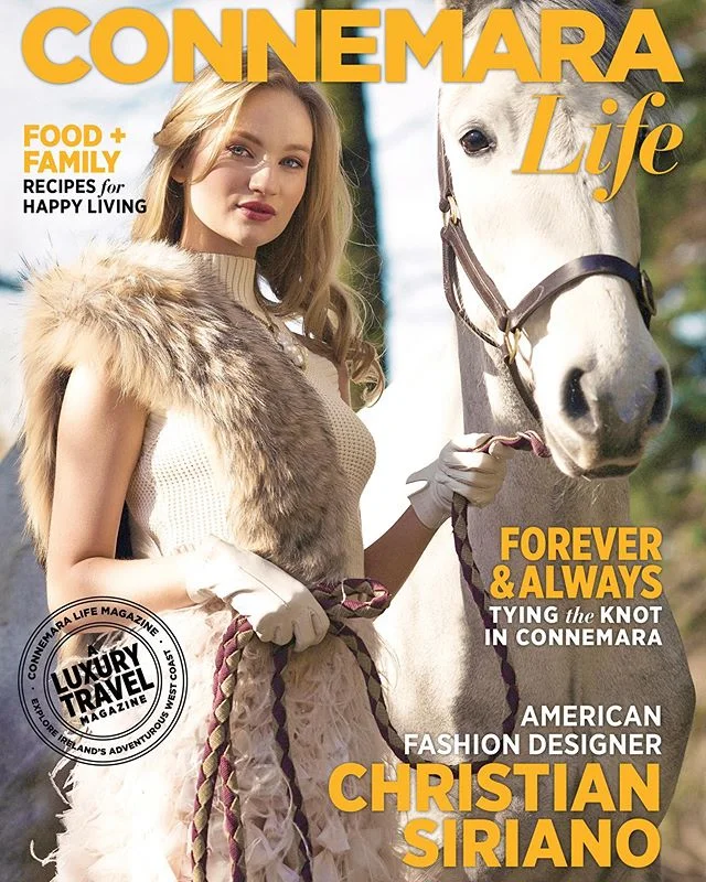 A glorious sunny day at @ballynahinchcastle along the tranquil Owenmore River presented the perfect setting for an enchanting photo shoot to feature stunning couture clothing by American designer @csiriano, luxurious furs by @surellaccessories, and e